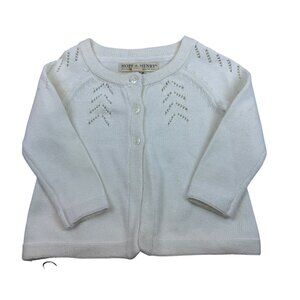 Hope & Henry Girls White Cotton Sweater Knit Cardigan Chevron Pattern Sz 12-18M